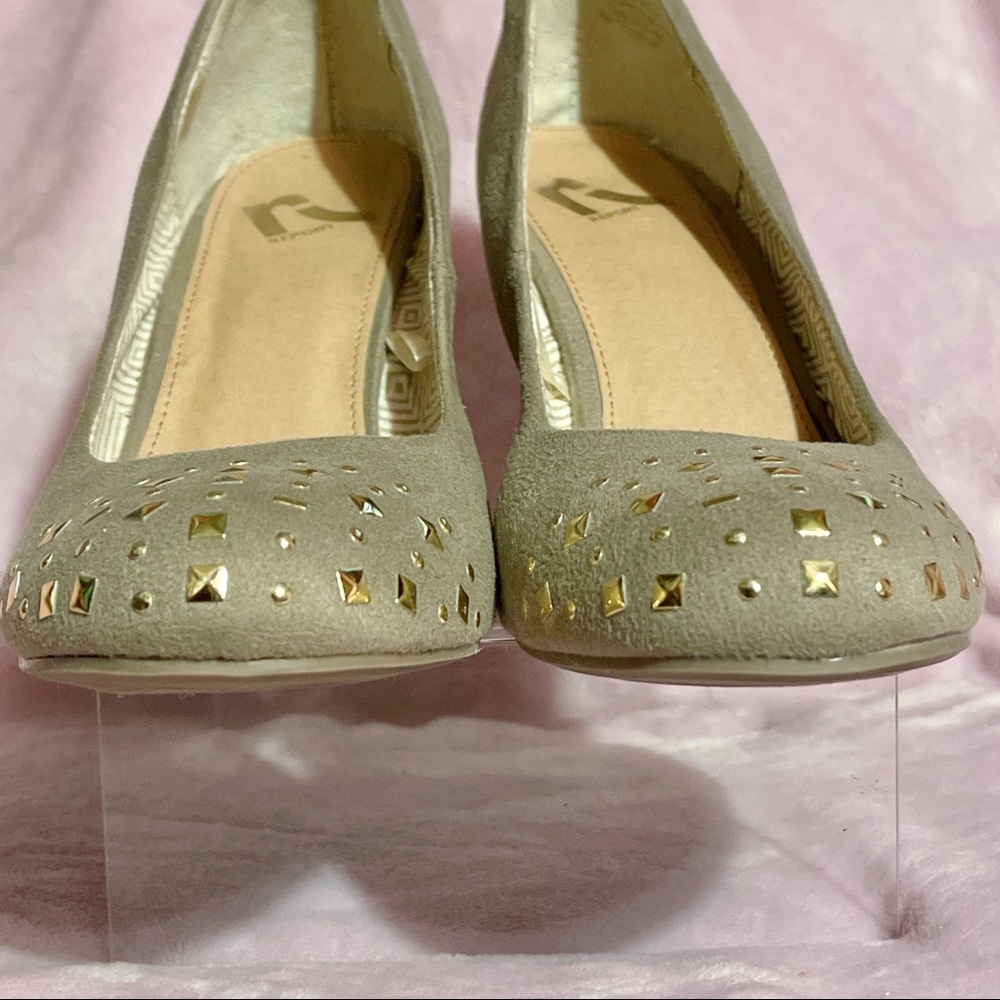 Report Taupe Suede Gold Studded Wedge Pumps - Picture 5 of 11